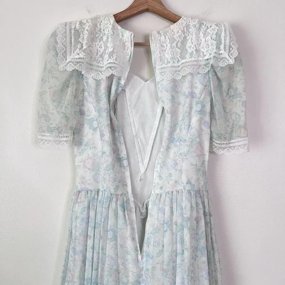 Vintage 80s Gunne Sax Jessica McClintock Pastel Floral Prairie Cottagecore Dress - Picture 9 of 14